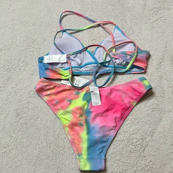 NWT! Pink yellow and blue Tie-Dye Triangle Top & Cheeky Hipster Bikini Sz Large - Picture 6 of 8